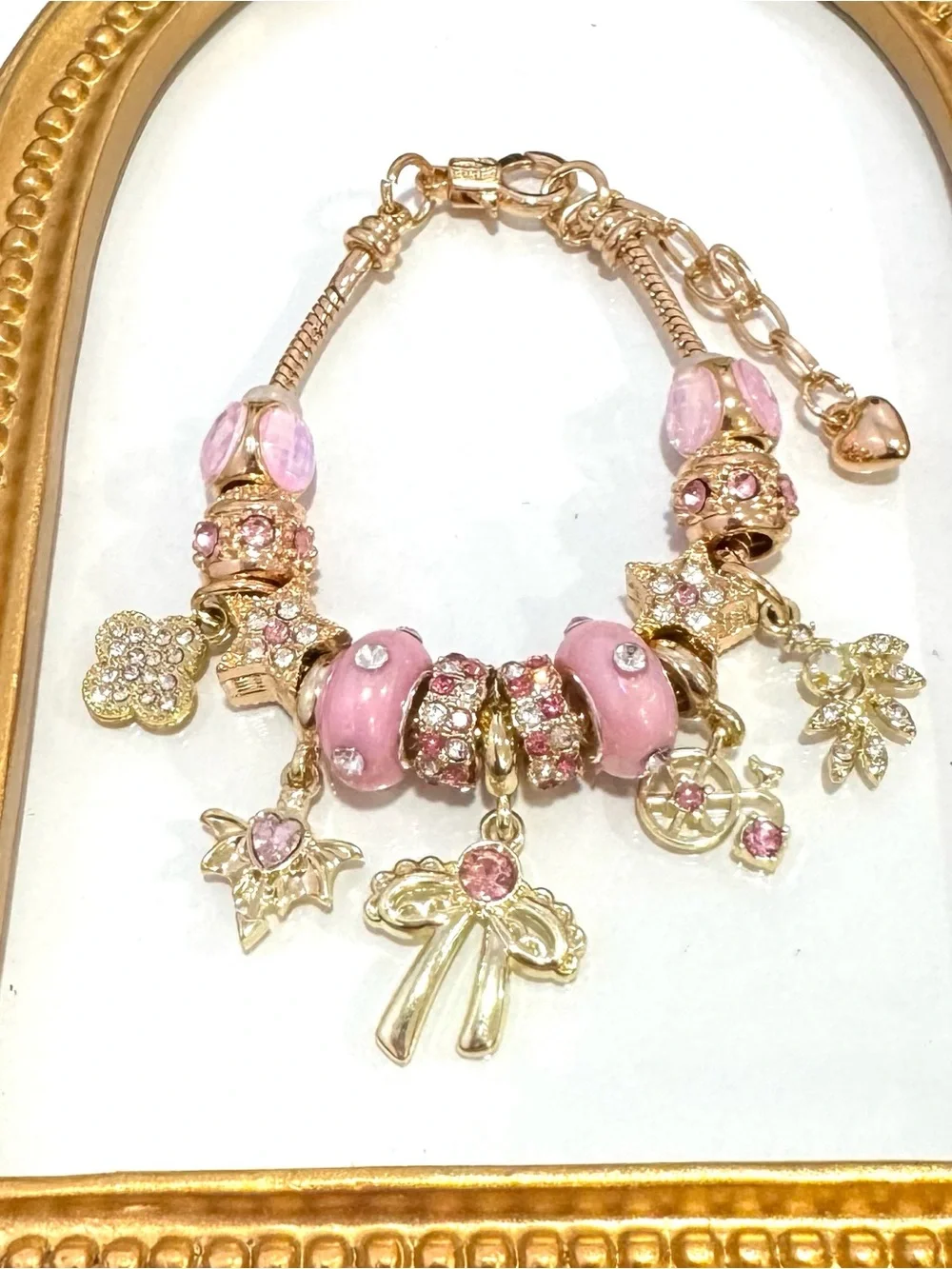 New Gold-Tone Pink Charm Bracelet with Enamel Beads and Crystal Accents 7 inches